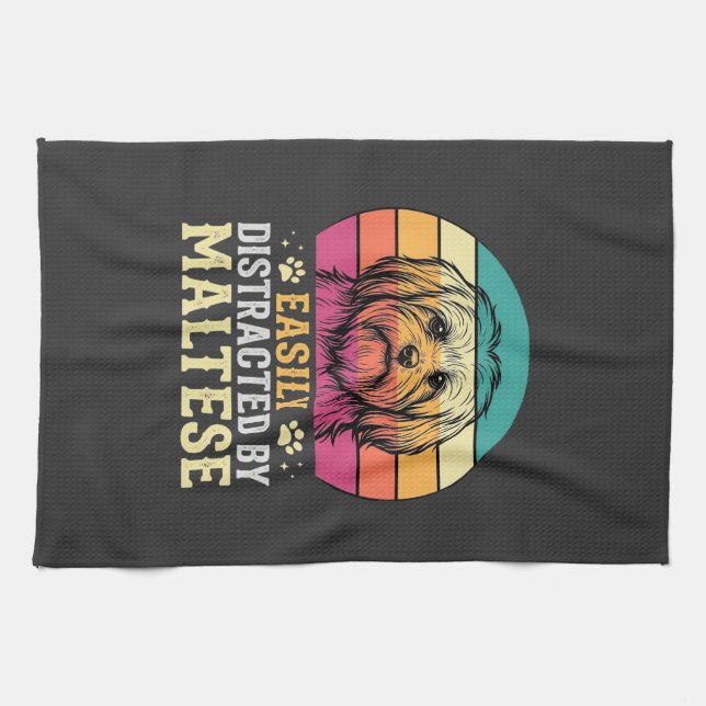 Maltese Dog Retro Sunset Distracted Tea Towel (Horizontal)
