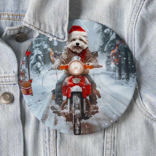 Maltese Dog Riding Motorcycle Christmas 6 Cm Round Badge (In Situ)