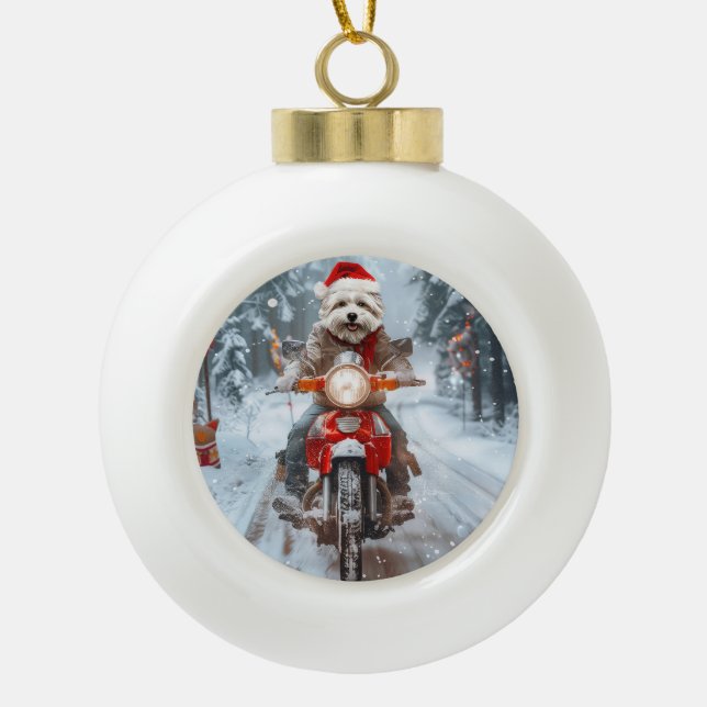 Maltese Dog Riding Motorcycle Christmas Ceramic Ball Christmas Ornament (Front)