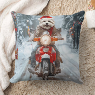 Maltese Dog Riding Motorcycle Christmas Cushion