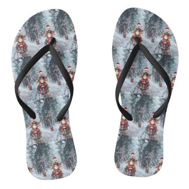 Maltese Dog Riding Motorcycle Christmas Flip Flops (Footbed)