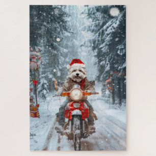 Maltese Dog Riding Motorcycle Christmas Jigsaw Puzzle