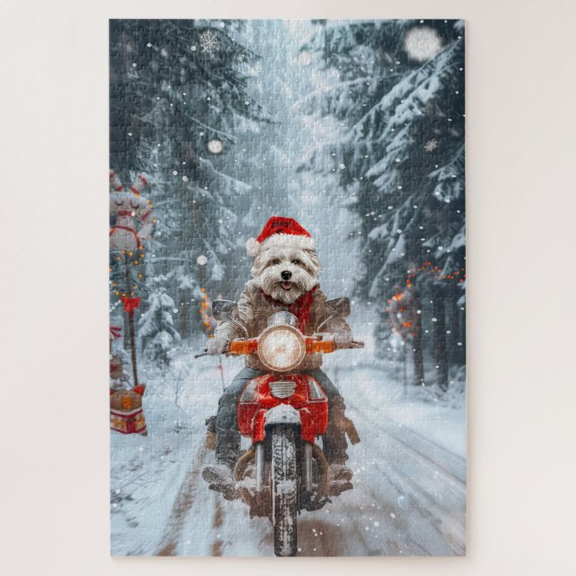 Maltese Dog Riding Motorcycle Christmas Jigsaw Puzzle (Vertical)