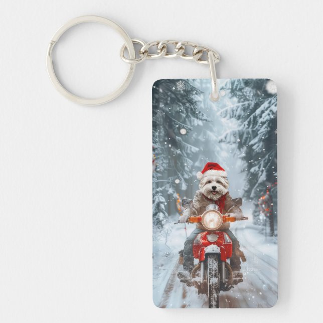 Maltese Dog Riding Motorcycle Christmas Key Ring (Front)