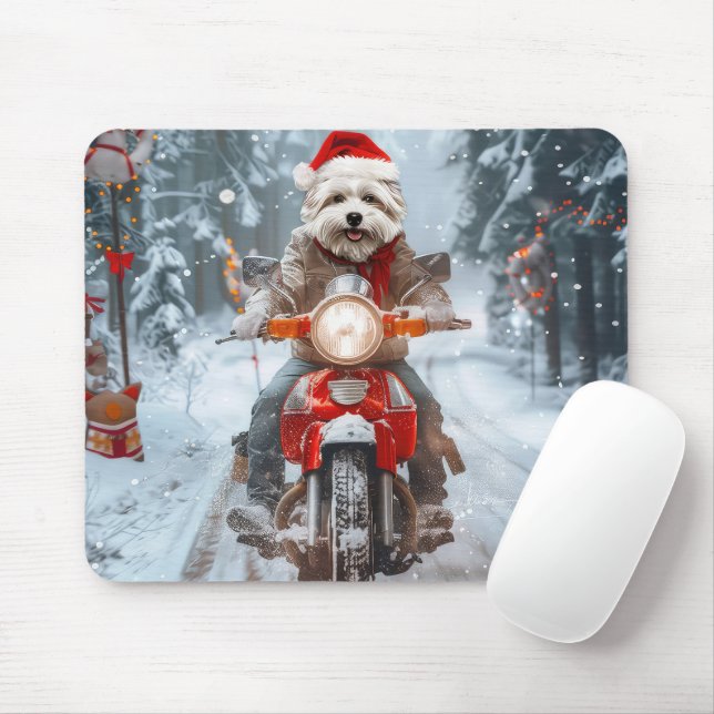 Maltese Dog Riding Motorcycle Christmas Mouse Mat (With Mouse)