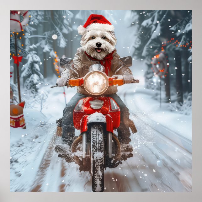Maltese Dog Riding Motorcycle Christmas Poster (Front)