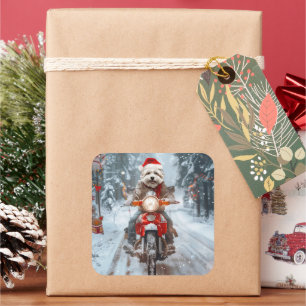 Maltese Dog Riding Motorcycle Christmas Square Sticker