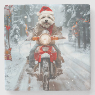 Maltese Dog Riding Motorcycle Christmas Stone Coaster