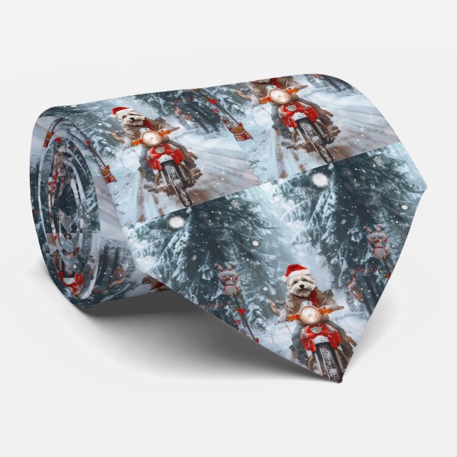 Maltese Dog Riding Motorcycle Christmas Tie (Rolled)