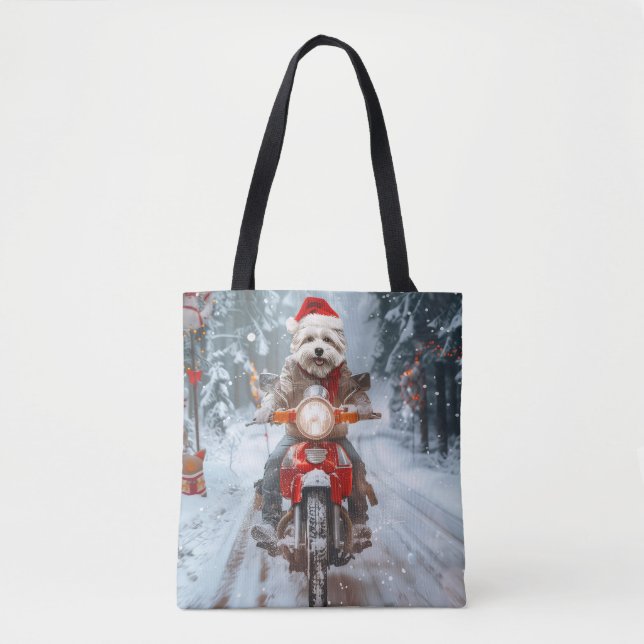 Maltese Dog Riding Motorcycle Christmas Tote Bag (Front)