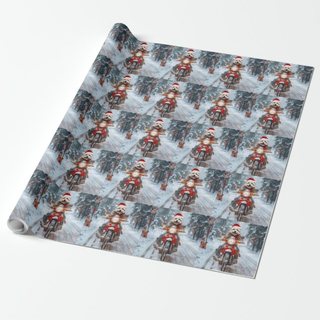 Maltese Dog Riding Motorcycle Christmas Wrapping Paper (Unrolled)