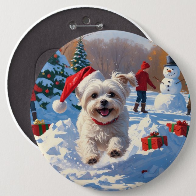 Maltese Dog Running in Snow with Christmas Hat 6 Cm Round Badge (Front & Back)