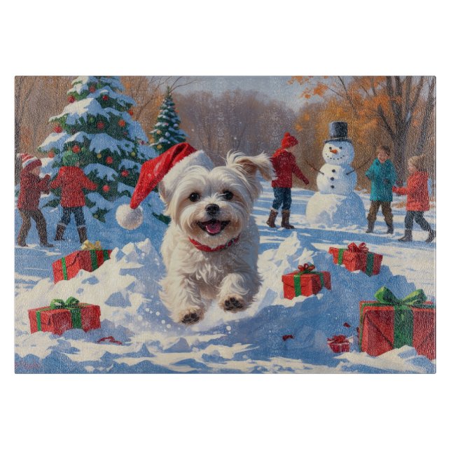 Maltese Dog Running in Snow with Christmas Hat Cutting Board (Front)