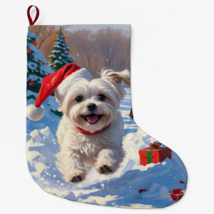 Maltese Dog Running in Snow with Christmas Hat Large Christmas Stocking