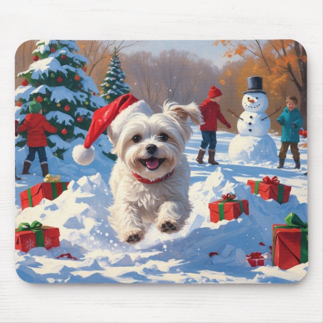 Maltese Dog Running in Snow with Christmas Hat Mouse Mat (Front)