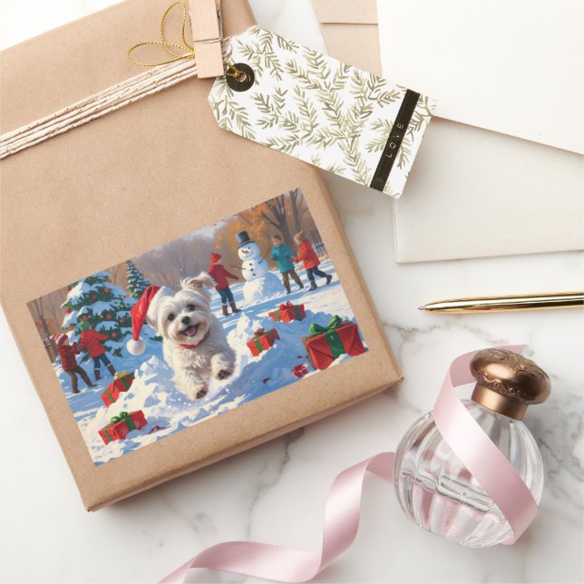 Maltese Dog Running in Snow with Christmas Hat Rectangular Sticker (Gifting)