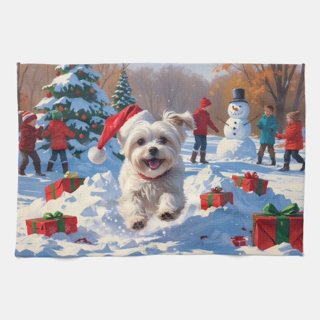 Maltese Dog Running in Snow with Christmas Hat Tea Towel (Horizontal)