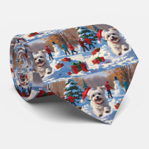 Maltese Dog Running in Snow with Christmas Hat Tie