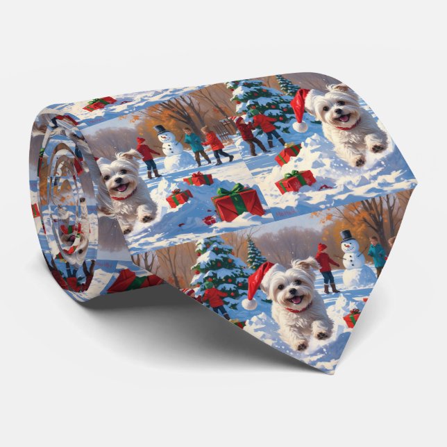 Maltese Dog Running in Snow with Christmas Hat Tie (Rolled)