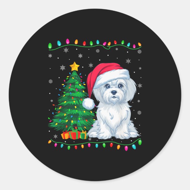 Maltese Dog Santa Hat Men Women Kids Christmas Tre Classic Round Sticker (Front)