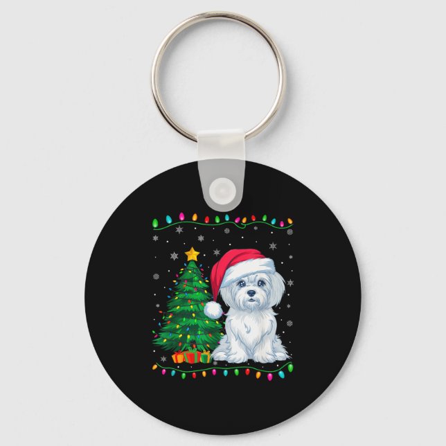 Maltese Dog Santa Hat Men Women Kids Christmas Tre Key Ring (Front)
