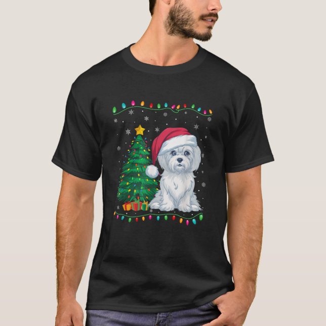 Maltese Dog Santa Hat Men Women Kids Christmas Tre T-Shirt (Front)