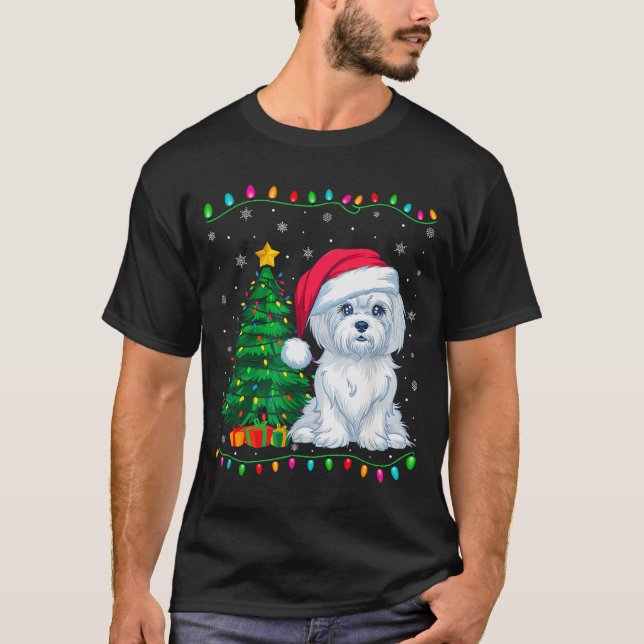 Maltese Dog Santa Hat Men Women Kids Christmas Tre T-Shirt (Front)