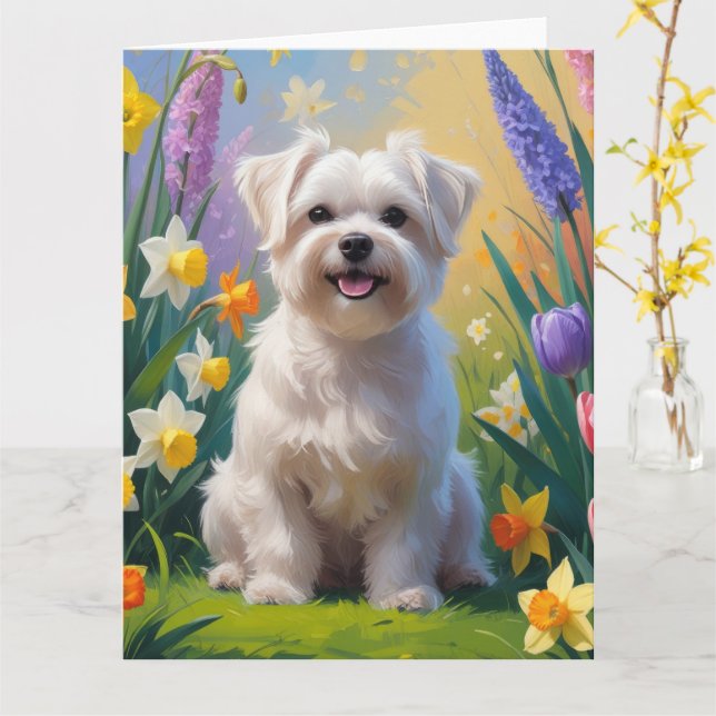 Maltese Dog Spring Flowers Painting Card (Yellow Flower)