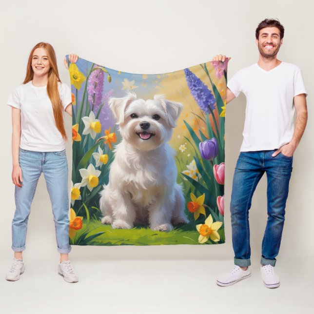 Maltese Dog Spring Flowers Painting Fleece Blanket (In Situ)