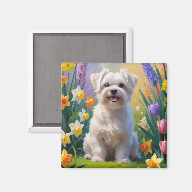 Maltese Dog Spring Flowers Painting Magnet (Front/Back)