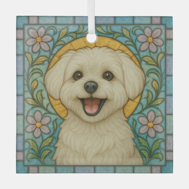 Maltese Dog "Stained Glass"  Glass Tree Decoration (Front)