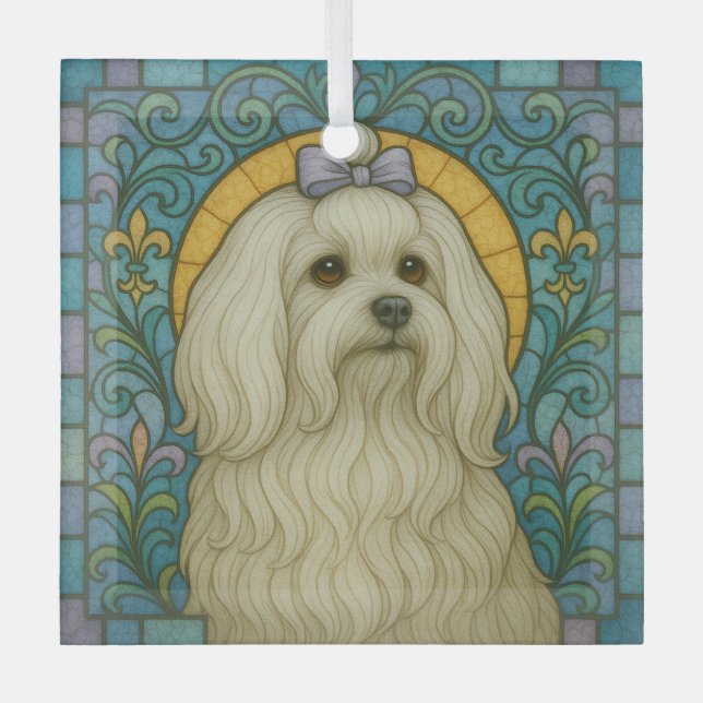 Maltese Dog "Stained Glass"  Glass Tree Decoration (Front)