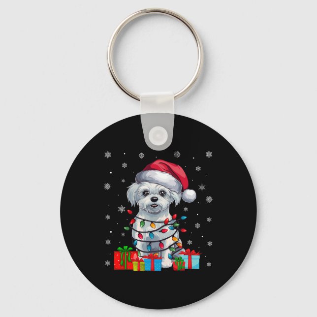Maltese Dog Ugly Xmas Lights Santa Hat Maltese Dog Key Ring (Front)