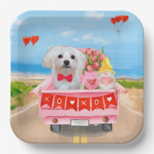 Maltese Dog Valentine's Day Truck Paper Plate