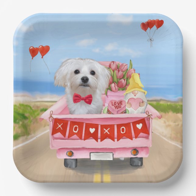 Maltese Dog Valentine's Day Truck Paper Plate (Front)