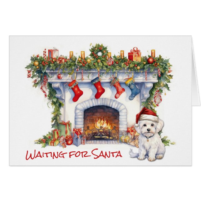 Maltese Dog Wait for Santa Christmas Fireplace (Front Horizontal)