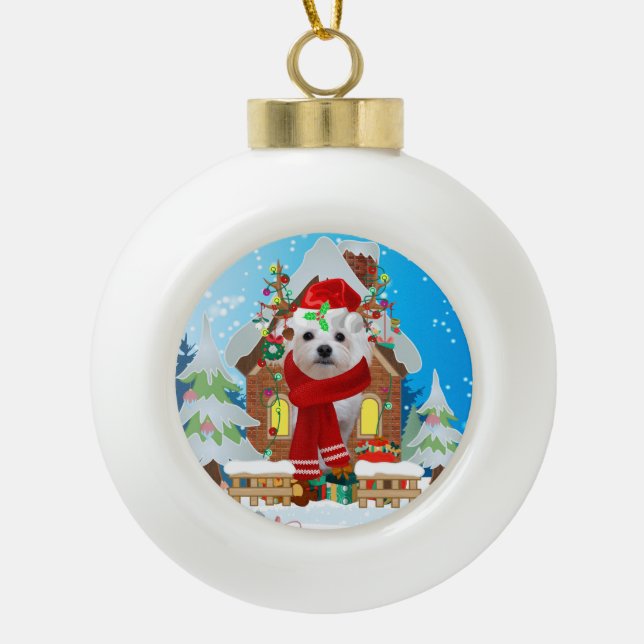 Maltese dog with Christmas gifts Ceramic Ball Christmas Ornament (Front)
