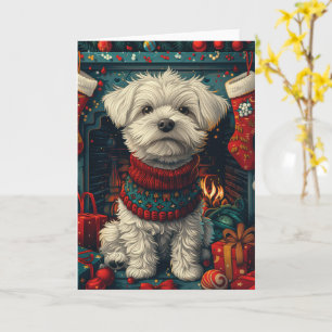 Maltese Dog With Christmas Gifts Fireplace Card