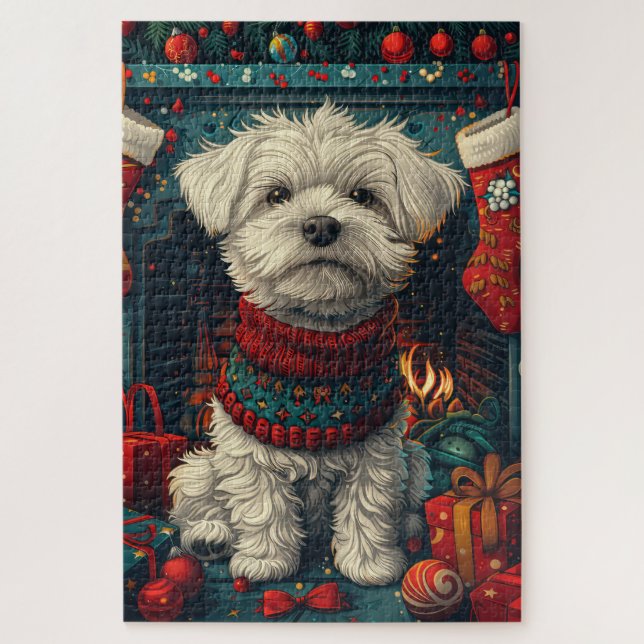 Maltese Dog With Christmas Gifts Fireplace Jigsaw Puzzle (Vertical)