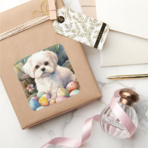 Maltese Dog with Easter Eggs Holiday Square Sticker