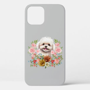 Maltese Dog with Flowers, Cute Maltese Puppy iPhone 12 Case