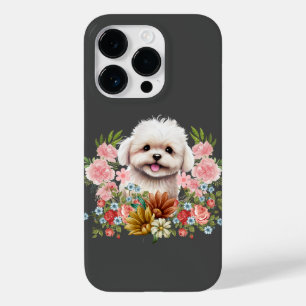 Maltese Dog with Flowers, Cute Maltese Puppy Case-Mate iPhone 14 Pro Case