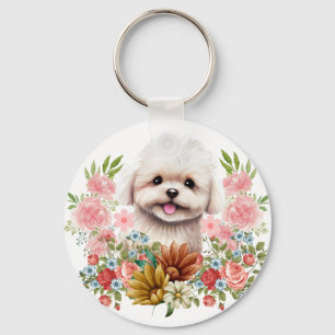 Maltese Dog with Flowers, Cute Maltese Puppy Key Ring