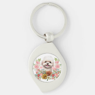 Maltese Dog with Flowers, Cute Maltese Puppy Key Ring