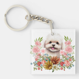 Maltese Dog with Flowers, Cute Maltese Puppy Key Ring