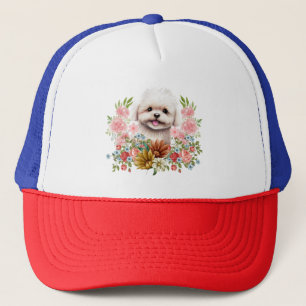 Maltese Dog with Flowers, Cute Maltese Puppy Trucker Hat