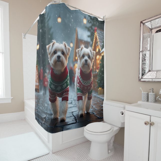 Maltese Dogs Christmas Snow Holiday Shower Curtain (In Situ)