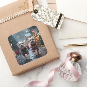 Maltese Dogs Christmas Snow Holiday Square Sticker