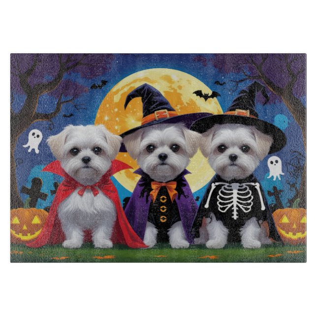 Maltese Dogs Pumpkin Halloween Funny Cutting Board (Front)