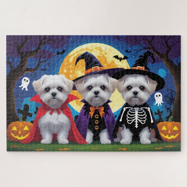 Maltese Dogs Pumpkin Halloween Funny Jigsaw Puzzle (Horizontal)